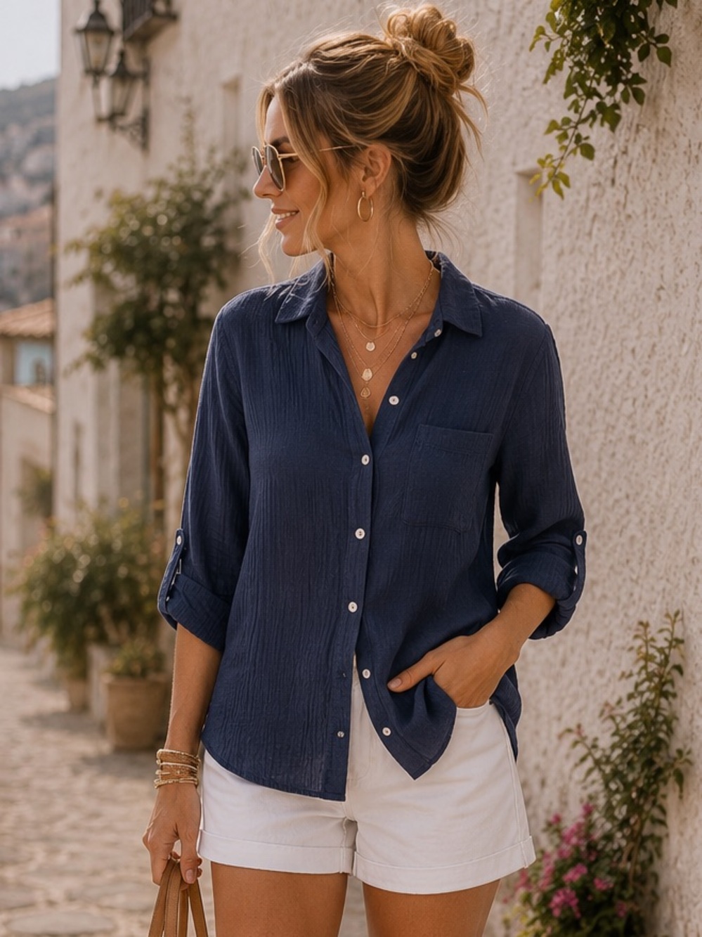 Kactus Navy Cotton Gauze Button Down Shirt  Roll Tab Sleeves Coastal Casual med.